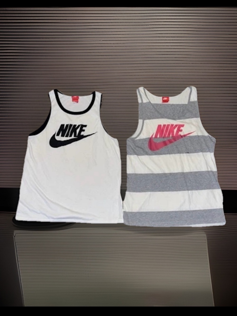 2- Vintage Nike Tank Tops 1-White W/Black Logo & Trim 2-White & Grey W/Pink Logo